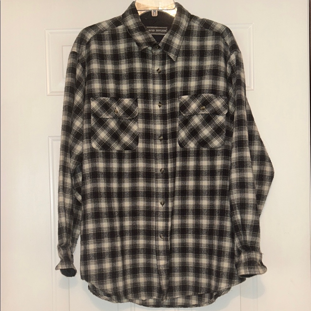 David Taylor Men's Plaid Flannel Shirt XL Blue/White Cabincore Casual Wool Blend